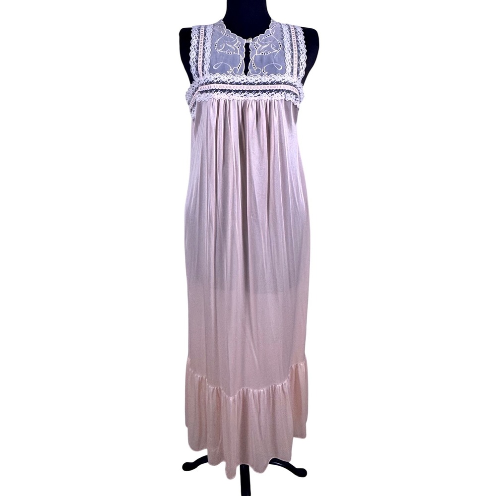 Vtg Pink Lace Nightgown Tiered Maxi Dress Sheer Empire Waist Boho Cottagecore SM